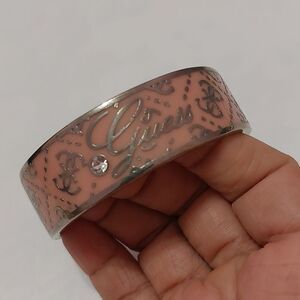 Guess Peach Enamel Silver Tone Hinged Bangle Bracelet